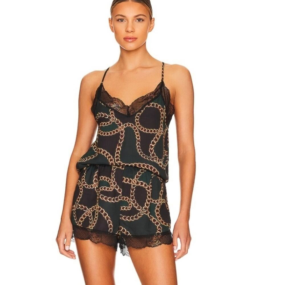 Plush Apparel Revolve Satin Pajama Set NWT Green Chain Link Lace Cami Shorts M